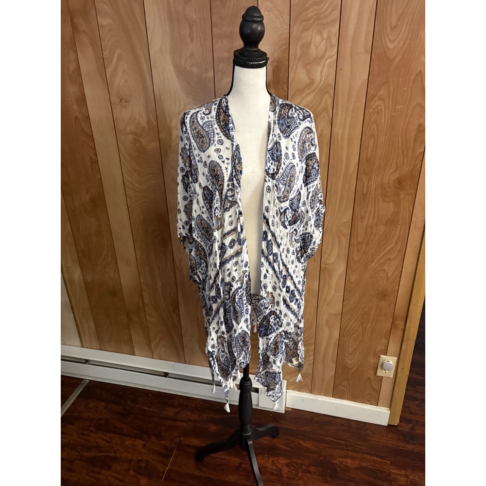 Natural Reflections Paisley Kimono Wrap Tassel Trim Blue White One Size OSFM